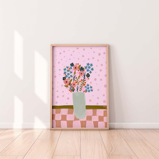 Pink flower vase illustration print