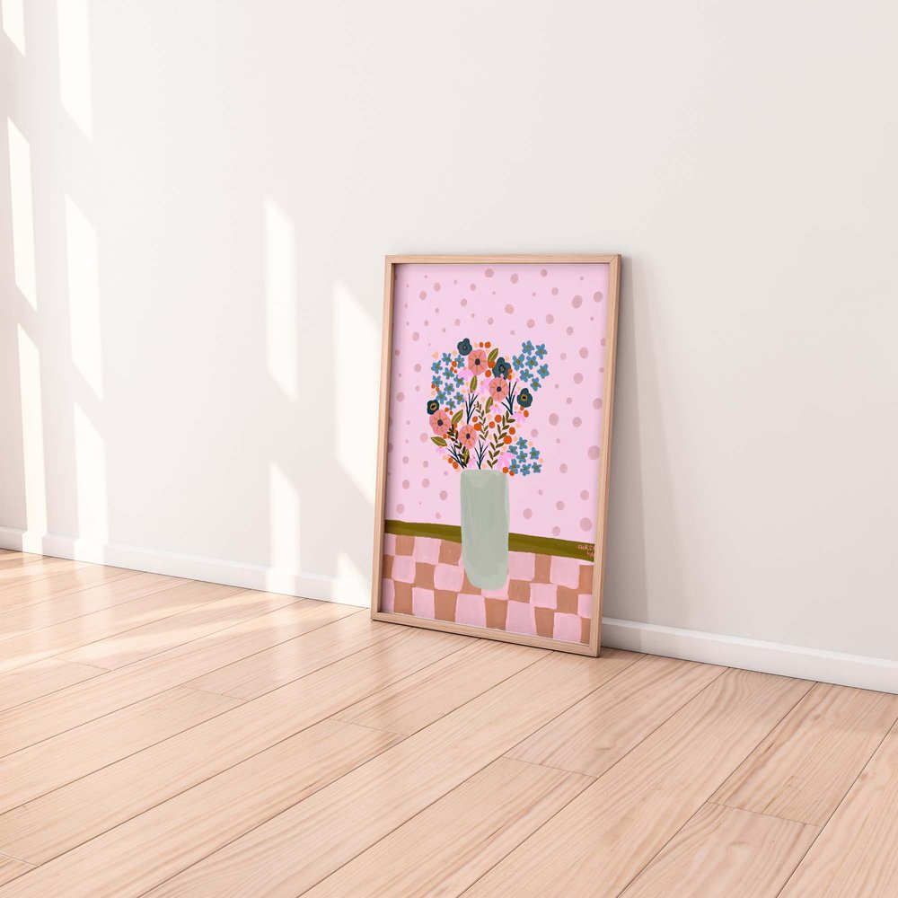 Pink flower vase illustration print